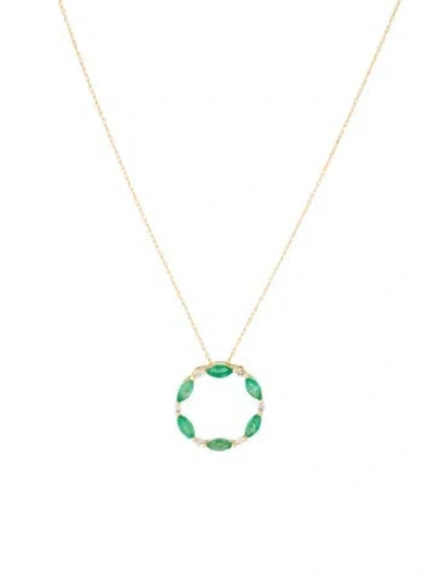 Pre-owned Necklace 14k Emerald & Diamond Circle Pendant , 18" In Multi