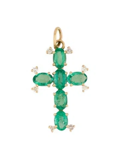 Pre-owned Necklace 14k Emerald & Diamond Cross Pendant, 1" In Multi
