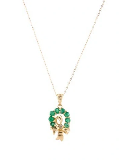 Pre-owned Necklace 14k Emerald & Diamond Pendant , 18" In Multi