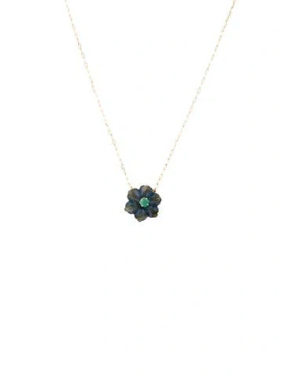 Pre-owned Necklace 14k Emerald & Labradorite Flower Pendant , 18" In Multi