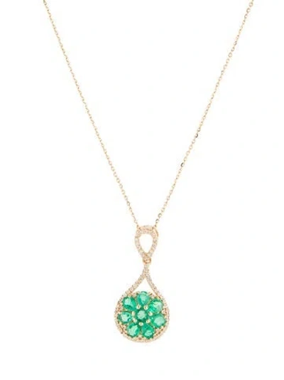 Pre-owned Necklace 14k Emerald & Sapphire Cluster Pendant , 18" In Multi