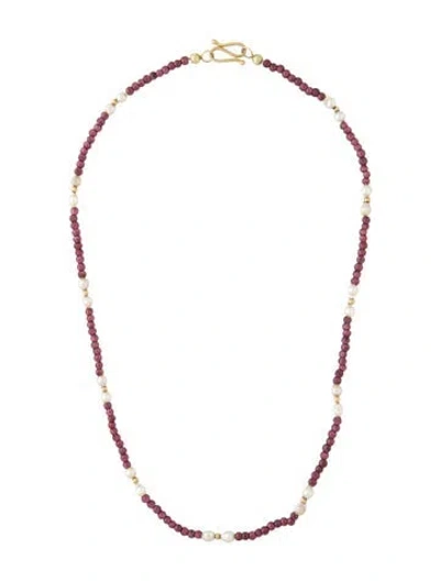 Pre-owned Necklace 14k Garnet & Pearl Station Bead , 18" In Multi
