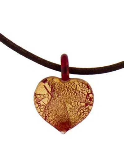 Pre-owned Necklace 14k Glass Heart Leather , 16"