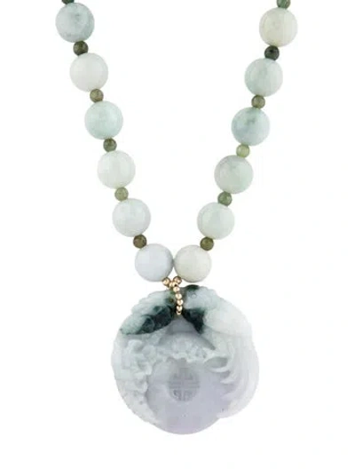 Pre-owned Necklace 14k Jadeite Carved Pendant Bead Strand , 27.5" In Multi