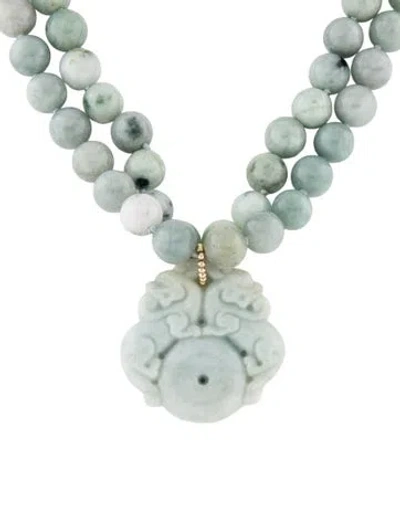 Pre-owned Necklace 14k Jadeite Double Strand Dragon Bead Pendant , 21" In Multi