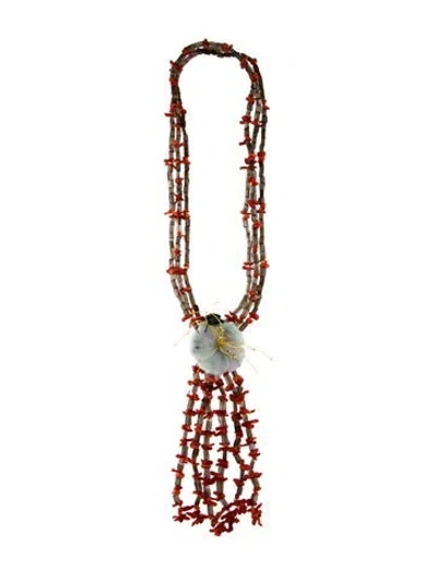 Pre-owned Necklace 14k Jadeite, Quartz & Coral Tassel Bead Strand , 36" In Multi