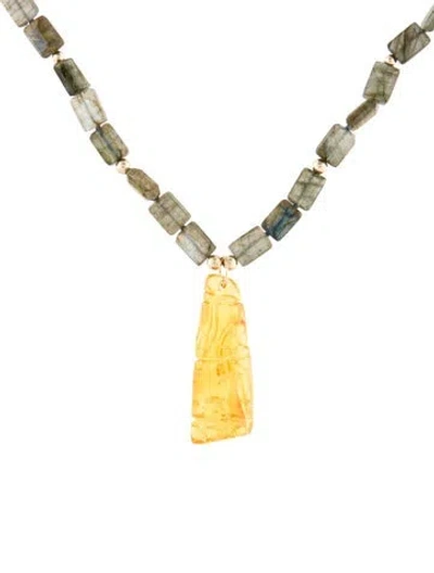 Pre-owned Necklace 14k Labradorite & Amber Bead Pendant , 24.75" In Multi