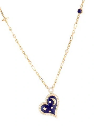 Pre-owned Necklace 14k Lapis & Diamond Heart Pendant , 17.5" In Multi