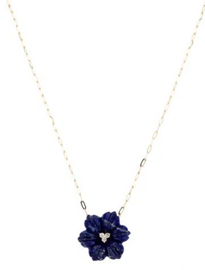 Pre-owned Necklace 14k Lapis Lazuli & Diamond Flower Pendant , 18" In Multi