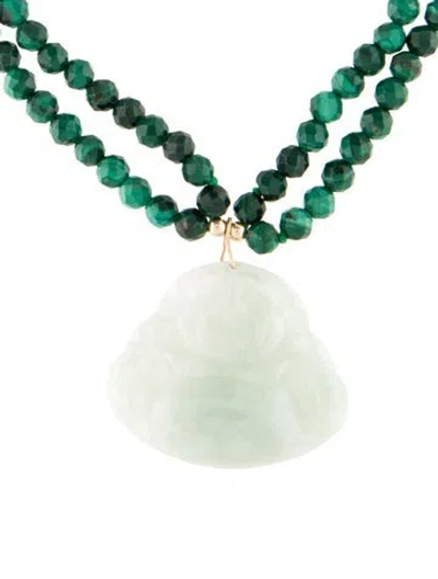 Pre-owned Necklace 14k Malachite & Jadeite Buddha Double Strand Bead , 17.5" In Multi