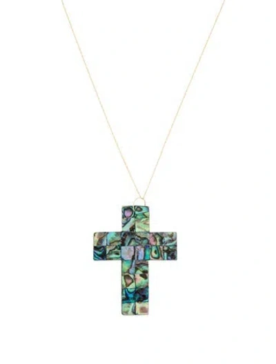 Pre-owned Necklace 14k Mother Of Pearl & Abalone Cross Pendant, 18" In Multi