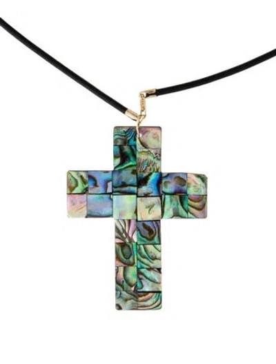 Pre-owned Necklace 14k Mother Of Pearl & Abalone Cross Pendant , 18.5" In Black