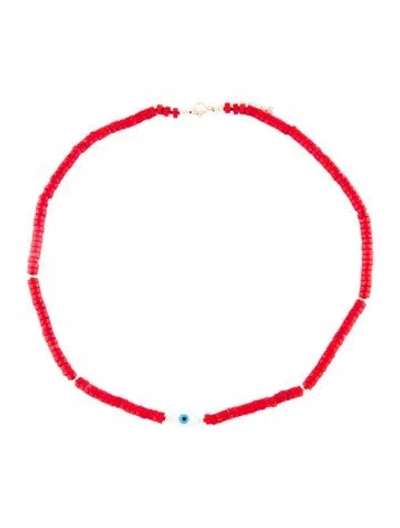 Pre-owned Necklace 14k Mother Of Pearl & Dyed Coral Evil Eye Bead , 18" In Multi