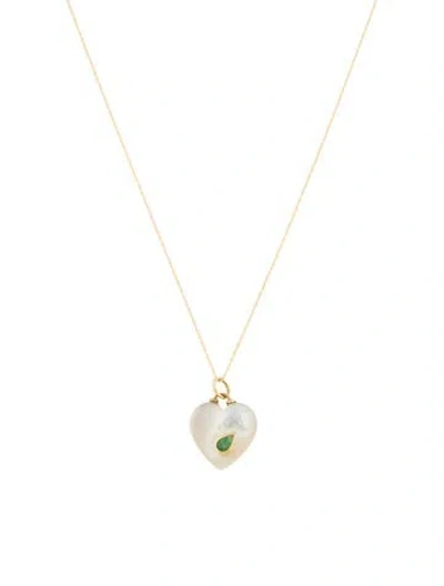 Pre-owned Necklace 14k Mother Of Pearl & Emerald Heart Pendant , 17.75" In Multi