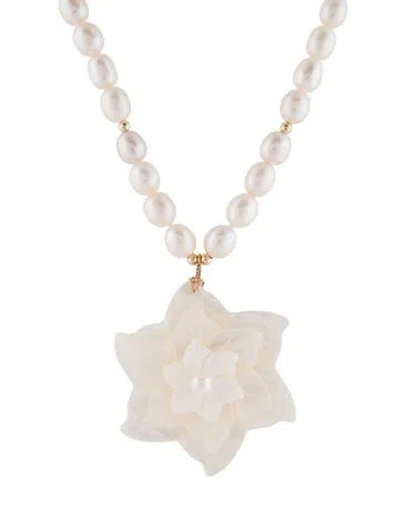 Pre-owned Necklace 14k Mother Of Pearl & Pearl Flower Bead Pendant , 18.5" In Multi