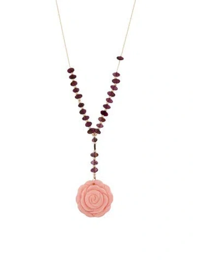 Pre-owned Necklace 14k Mother Of Pearl & Rhodolite Flower Pendant , 22.5" In Multi