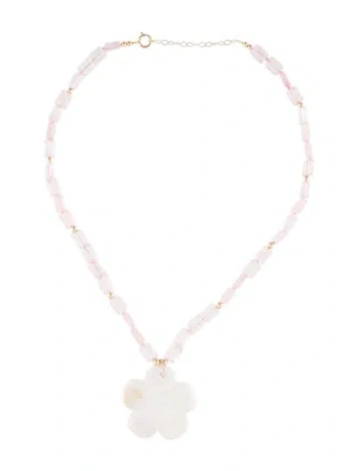 Pre-owned Necklace 14k Mother Of Pearl & Rose Quartz Carved Flower Beaded , 14" In White