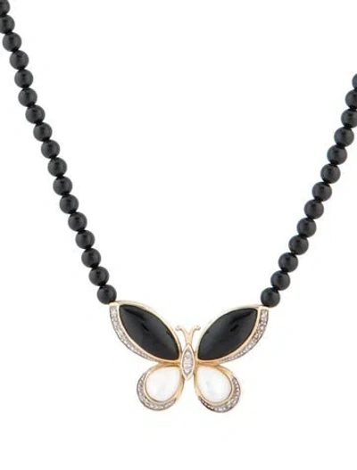 Pre-owned Necklace 14k Mother Of Pearl, Onyx & Diamond Butterfly Pendant , 17.25" In Multi