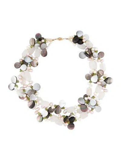 Pre-owned Necklace 14k Mother Of Pearl, Peridot & Pearl Multistrand , 18"