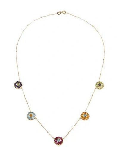Pre-owned Necklace 14k Multistone Flower Station , 16.25"