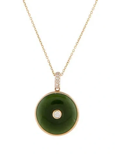 Pre-owned Necklace 14k Nephrite & Diamond Pendant , 18" In Multi
