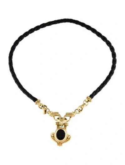Pre-owned Necklace 14k Onyx & Diamond W/leather Cord Pendant , 14.5" In Black