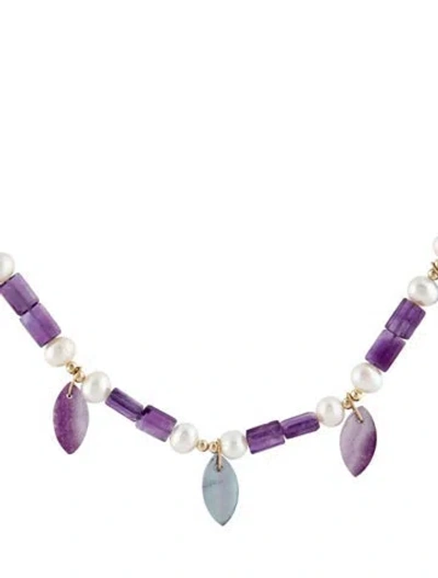 Pre-owned Necklace 14k Pearl, Amethyst & Fluorite Bead Strand , 21.5" In Multi