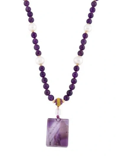 Pre-owned Necklace 14k Pearl, Amethyst & Quartz Pendant , 23" In Multi