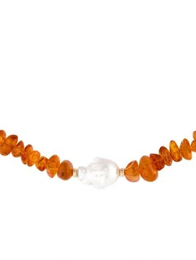 Pre-owned Necklace 14k Pearl & Amber Beaded , 17.5" In Multi