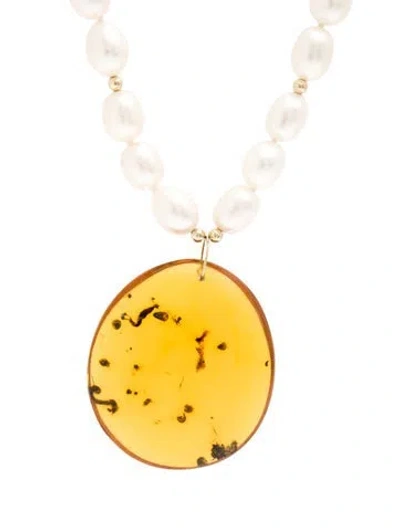 Pre-owned Necklace 14k Pearl & Amber Pendant , 17.75" In Multi