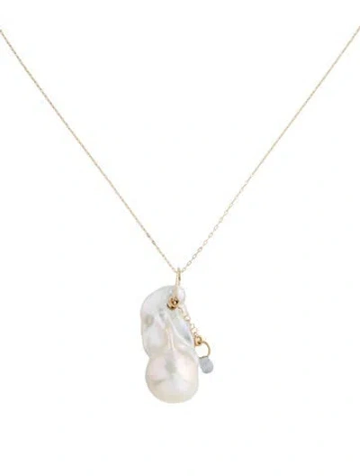 Pre-owned Necklace 14k Pearl & Aquamarine Pendant , 17.75" In Multi