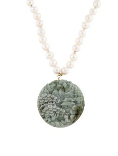 Pre-owned Necklace 14k Pearl & Carved Jadeite Landscape Pendant , 20" In Multi