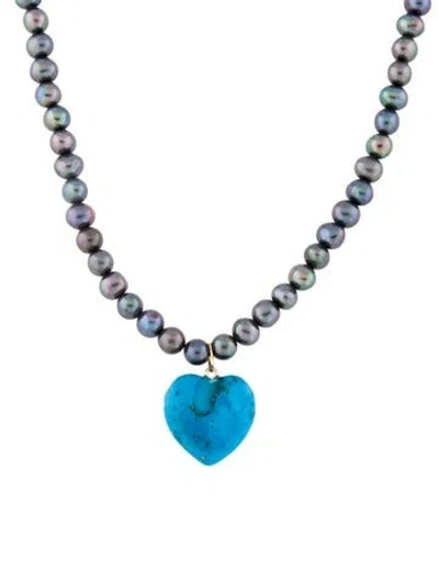 Pre-owned Necklace 14k Pearl & Composite Turquoise Heart Bead Pendant , 18" In Multi