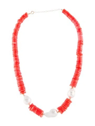 Pre-owned Necklace 14k Pearl & Coral Bead Strand, 18.75" In Multi