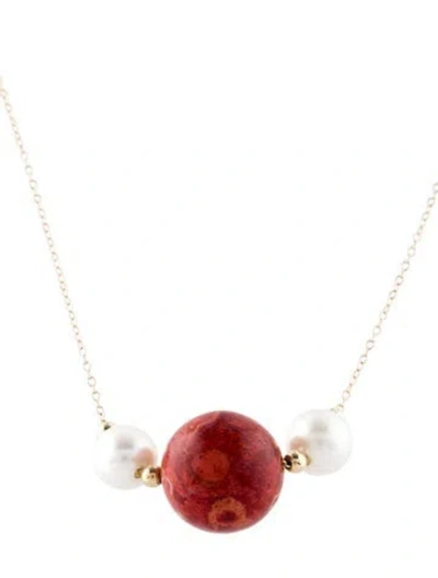 Pre-owned Necklace 14k Pearl & Coral Pendant , 18" In Multi