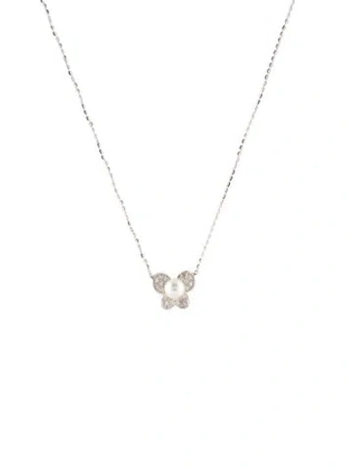 Pre-owned Necklace 14k Pearl & Diamond Butterfly Pendant , 17.5" In Multi