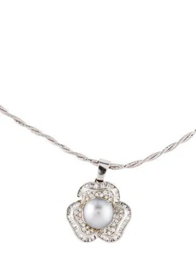 Pre-owned Necklace 14k Pearl & Diamond Flower Pendant , 18.25" In Multi