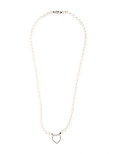Pre-owned Necklace 14k Pearl & Diamond Heart Pendant Bead Strand , 15.5" In Multi