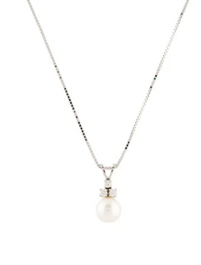 Pre-owned Necklace 14k Pearl & Diamond Pendant , 17.25" In Multi