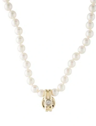 Pre-owned Necklace 14k Pearl & Diamond Station Chain , 23.5" In Multi