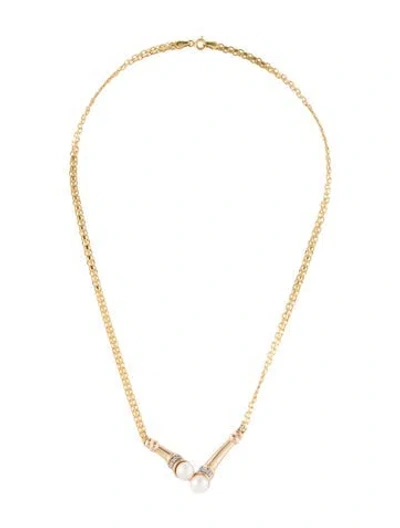 Pre-owned Necklace 14k Pearl & Diamond Station , 17" In Multi