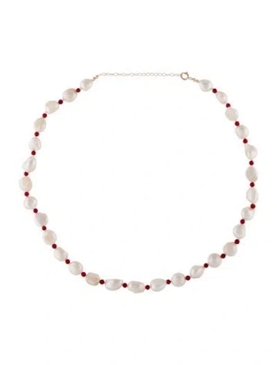 Pre-owned Necklace 14k Pearl & Dyed Coral Bead Strand , 18" In Multi