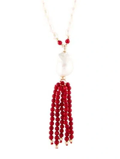 Pre-owned Necklace 14k Pearl & Dyed Coral Pendant , 24" In Multi