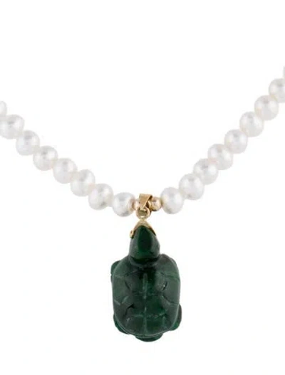 Pre-owned Necklace 14k Pearl & Dyed Jadeite Turtle Pendant , 19" In Multi
