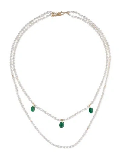 Pre-owned Necklace 14k Pearl & Emerald Double Strand , 19" In Multi