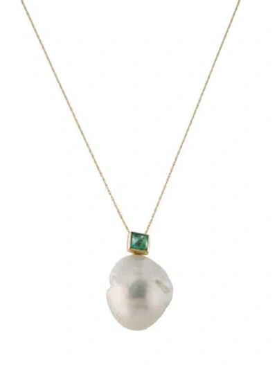 Pre-owned Necklace 14k Pearl & Emerald Pendant , 17.75" In Multi