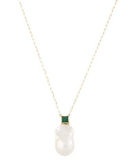 Pre-owned Necklace 14k Pearl & Emerald Pendant  In Multi