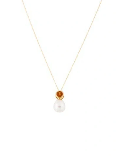 Pre-owned Necklace 14k Pearl & Hessonite Garnet Pendant , 18" In Multi