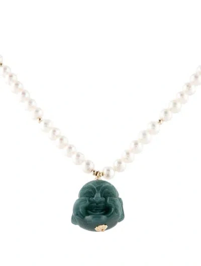 Pre-owned Necklace 14k Pearl & Jadeite Bead Strand Pendant , 19", 19" In Multi