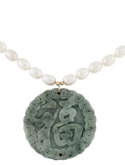 Pre-owned Necklace 14k Pearl & Jadeite Blessings Bead Pendant Necklac, 17" In Multi